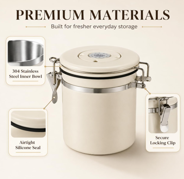 MEGAWISE Coffee Canister, 2.8L Airtight Stainless Steel Coffee Container with CO2 Valve, Date Tracker, Locking Lid, 304 Inner Bowl for Coffee Beans, Grounds, Tea, Sugar, Cream White