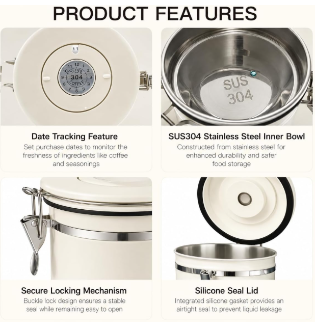 MEGAWISE Coffee Canister, 2.8L Airtight Stainless Steel Coffee Container with CO2 Valve, Date Tracker, Locking Lid, 304 Inner Bowl for Coffee Beans, Grounds, Tea, Sugar, Cream White
