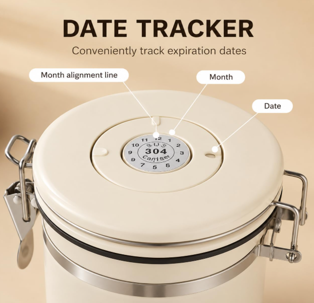 MEGAWISE Coffee Canister, 2.8L Airtight Stainless Steel Coffee Container with CO2 Valve, Date Tracker, Locking Lid, 304 Inner Bowl for Coffee Beans, Grounds, Tea, Sugar, Cream White