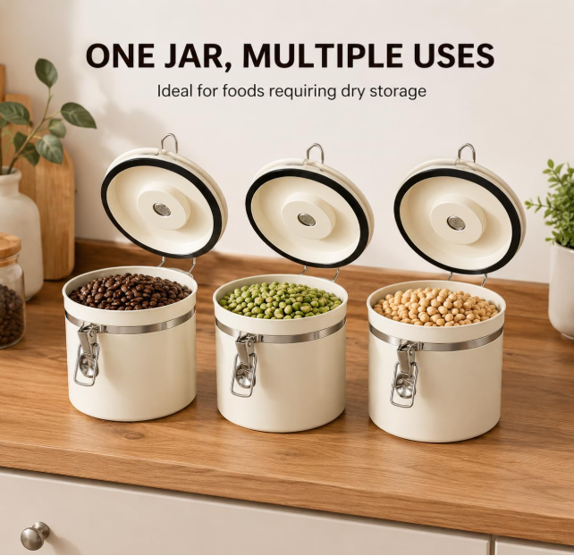 MEGAWISE Coffee Canister, 2.8L Airtight Stainless Steel Coffee Container with CO2 Valve, Date Tracker, Locking Lid, 304 Inner Bowl for Coffee Beans, Grounds, Tea, Sugar, Cream White