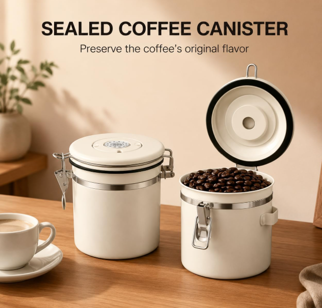 MEGAWISE Coffee Canister, 2.8L Airtight Stainless Steel Coffee Container with CO2 Valve, Date Tracker, Locking Lid, 304 Inner Bowl for Coffee Beans, Grounds, Tea, Sugar, Cream White