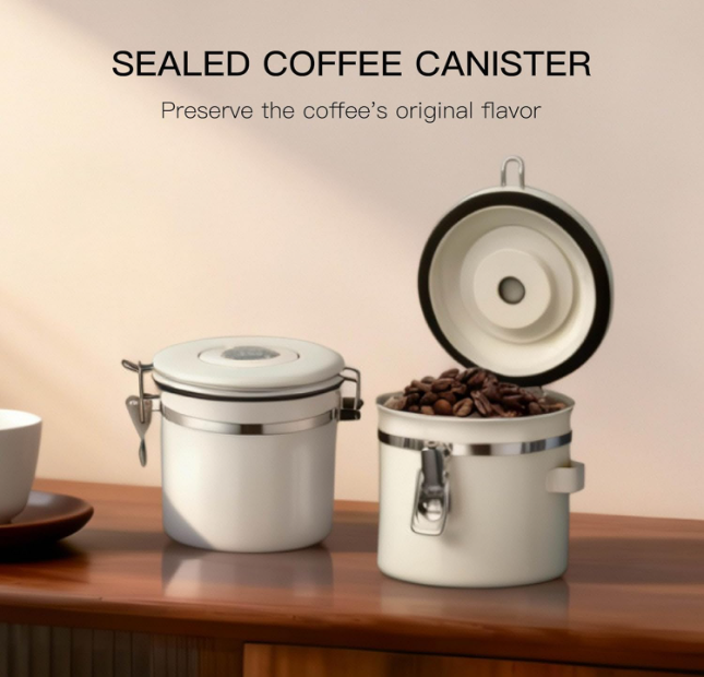 MEGAWISE Coffee Canister, 2.8L Airtight Stainless Steel Coffee Container with CO2 Valve, Date Tracker, Locking Lid, 304 Inner Bowl for Coffee Beans, Grounds, Tea, Sugar, Cream White