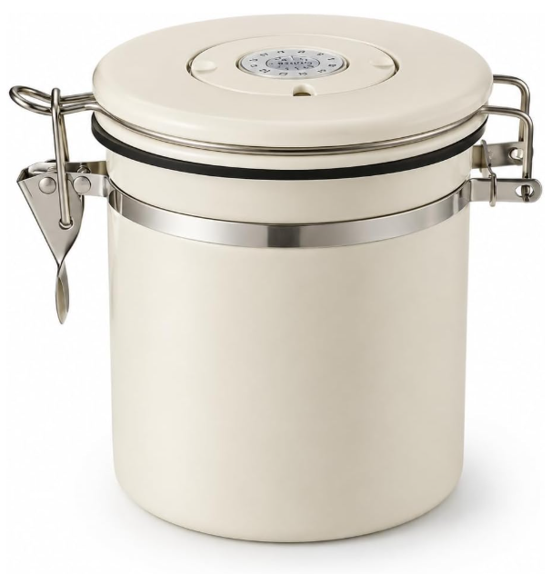 MEGAWISE Coffee Canister, 2.8L Airtight Stainless Steel Coffee Container with CO2 Valve, Date Tracker, Locking Lid, 304 Inner Bowl for Coffee Beans, Grounds, Tea, Sugar, Cream White