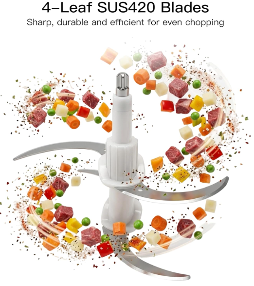 MEGAWISE Electric Food Processor, 800W Meat Grinder & Vegetable Chopper - 2 Bowls (3L Stainless Steel + 3L Glass) with 4 Blades, Dual-Speed Food Chopper for Meat, Fruits, Vegetables, and Nuts
