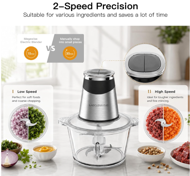 MEGAWISE Electric Food Processor, 800W Meat Grinder & Vegetable Chopper - 2 Bowls (3L Stainless Steel + 3L Glass) with 4 Blades, Dual-Speed Food Chopper for Meat, Fruits, Vegetables, and Nuts