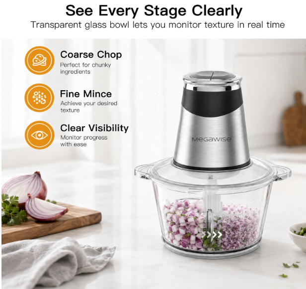 MEGAWISE Electric Food Processor, 800W Meat Grinder & Vegetable Chopper - 2 Bowls (3L Stainless Steel + 3L Glass) with 4 Blades, Dual-Speed Food Chopper for Meat, Fruits, Vegetables, and Nuts