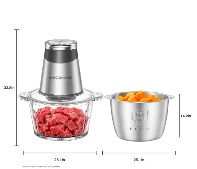 MEGAWISE Electric Food Processor, 800W Meat Grinder & Vegetable Chopper - 2 Bowls (3L Stainless Steel + 3L Glass) with 4 Blades, Dual-Speed Food Chopper for Meat, Fruits, Vegetables, and Nuts