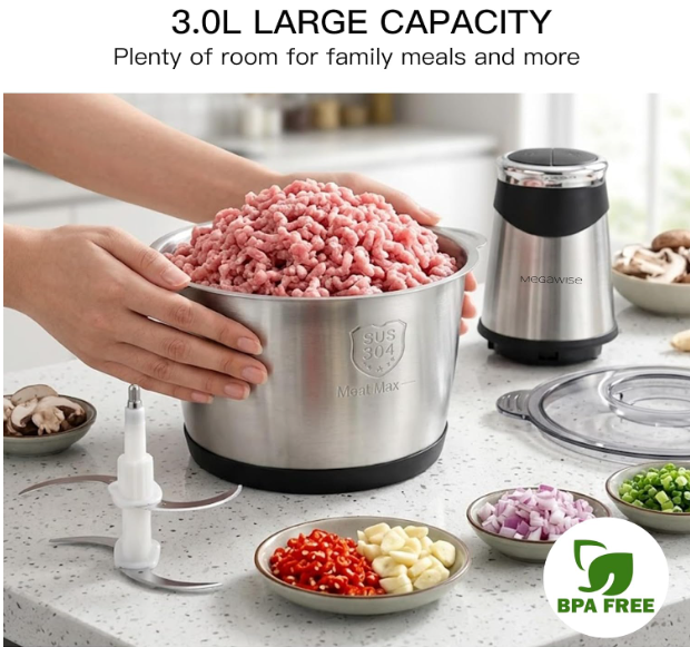 MEGAWISE Electric Food Processor, 800W Meat Grinder & Vegetable Chopper - 2 Bowls (3L Stainless Steel + 3L Glass) with 4 Blades, Dual-Speed Food Chopper for Meat, Fruits, Vegetables, and Nuts