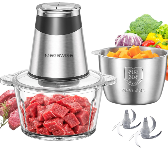 MEGAWISE Electric Food Processor, 800W Meat Grinder & Vegetable Chopper - 2 Bowls (3L Stainless Steel + 3L Glass) with 4 Blades, Dual-Speed Food Chopper for Meat, Fruits, Vegetables, and Nuts