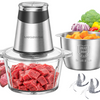 MEGAWISE Electric Food Processor, 800W Meat Grinder & Vegetable Chopper - 2 Bowls (3L Stainless Steel + 3L Glass) with 4 Blades, Dual-Speed Food Chopper for Meat, Fruits, Vegetables, and Nuts