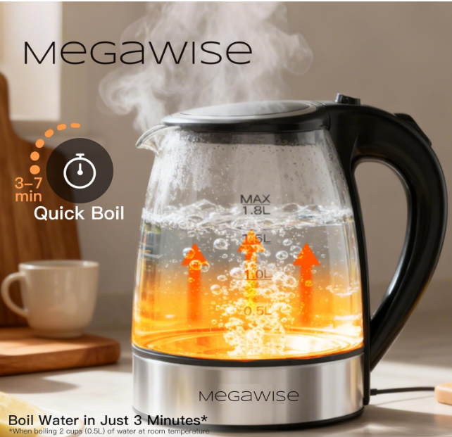 MEGAWISE Electric Kettle 2-Pack, 1.8L Glass, Fast Heating, Auto Shut-Off