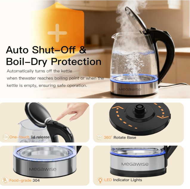MEGAWISE Electric Kettle 2-Pack, 1.8L Glass, Fast Heating, Auto Shut-Off