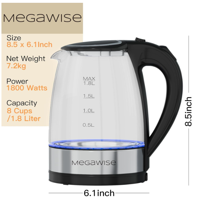 MEGAWISE Electric Kettle 2-Pack, 1.8L Glass, Fast Heating, Auto Shut-Off
