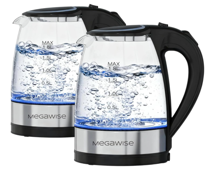 MEGAWISE Electric Kettle 2-Pack, 1.8L Glass, Fast Heating, Auto Shut-Off