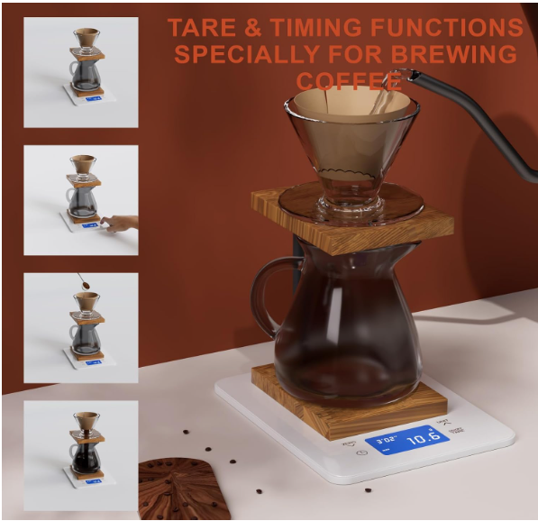 MEGAWISE Coffee Scale with Timer, Digital Pour Over Scale, 0.1g Increments up to 500g, 2kg Capacity, USB-C and AAA Dual Power, Tare, 4 Units, Count-Up and Countdown Timer, Tempered Glass, While