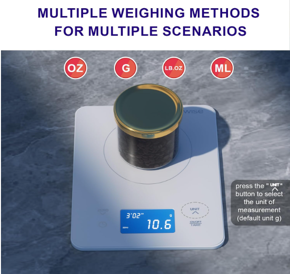 MEGAWISE Coffee Scale with Timer, Digital Pour Over Scale, 0.1g Increments up to 500g, 2kg Capacity, USB-C and AAA Dual Power, Tare, 4 Units, Count-Up and Countdown Timer, Tempered Glass, While