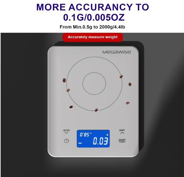 MEGAWISE Coffee Scale with Timer, Digital Pour Over Scale, 0.1g Increments up to 500g, 2kg Capacity, USB-C and AAA Dual Power, Tare, 4 Units, Count-Up and Countdown Timer, Tempered Glass, While