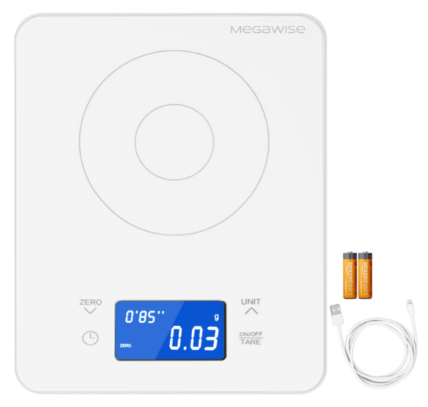 MEGAWISE Coffee Scale with Timer, Digital Pour Over Scale, 0.1g Increments up to 500g, 2kg Capacity, USB-C and AAA Dual Power, Tare, 4 Units, Count-Up and Countdown Timer, Tempered Glass, While