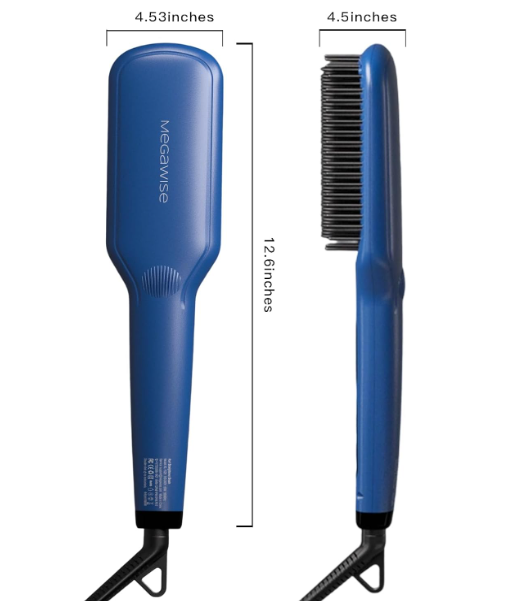 MEGAWISE Hair Straightener Brush, Ionic Ceramic Hair Straightening Brush for Frizzy Thick Hair, Heated Straightening Brush with MCH Fast Heat-Up, Anti-Scald, Auto Shut-Off, Dual Voltage, Gentian Blue