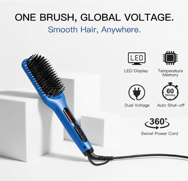 MEGAWISE Hair Straightener Brush, Ionic Ceramic Hair Straightening Brush for Frizzy Thick Hair, Heated Straightening Brush with MCH Fast Heat-Up, Anti-Scald, Auto Shut-Off, Dual Voltage, Gentian Blue