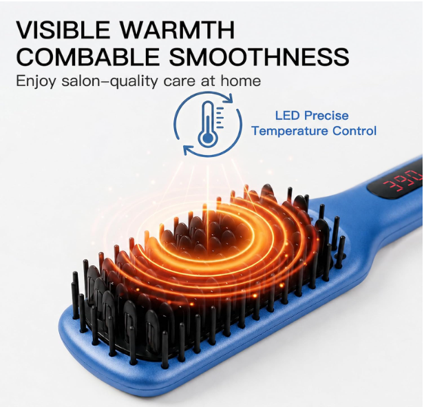 MEGAWISE Hair Straightener Brush, Ionic Ceramic Hair Straightening Brush for Frizzy Thick Hair, Heated Straightening Brush with MCH Fast Heat-Up, Anti-Scald, Auto Shut-Off, Dual Voltage, Gentian Blue