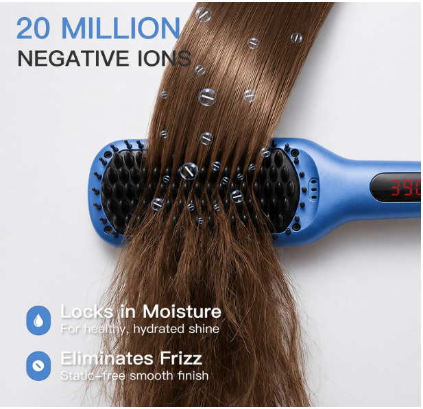 MEGAWISE Hair Straightener Brush, Ionic Ceramic Hair Straightening Brush for Frizzy Thick Hair, Heated Straightening Brush with MCH Fast Heat-Up, Anti-Scald, Auto Shut-Off, Dual Voltage, Gentian Blue