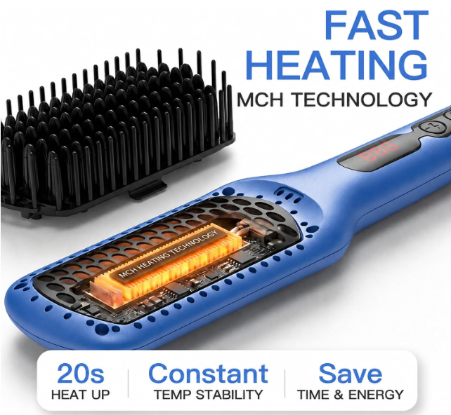 MEGAWISE Hair Straightener Brush, Ionic Ceramic Hair Straightening Brush for Frizzy Thick Hair, Heated Straightening Brush with MCH Fast Heat-Up, Anti-Scald, Auto Shut-Off, Dual Voltage, Gentian Blue