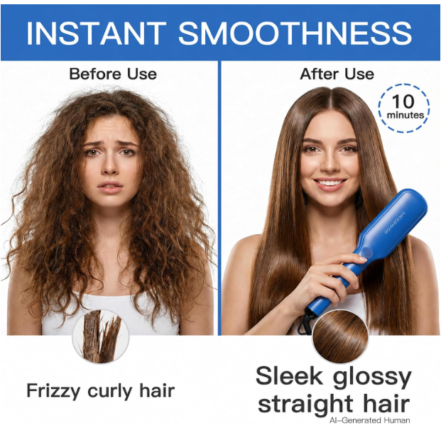MEGAWISE Hair Straightener Brush, Ionic Ceramic Hair Straightening Brush for Frizzy Thick Hair, Heated Straightening Brush with MCH Fast Heat-Up, Anti-Scald, Auto Shut-Off, Dual Voltage, Gentian Blue