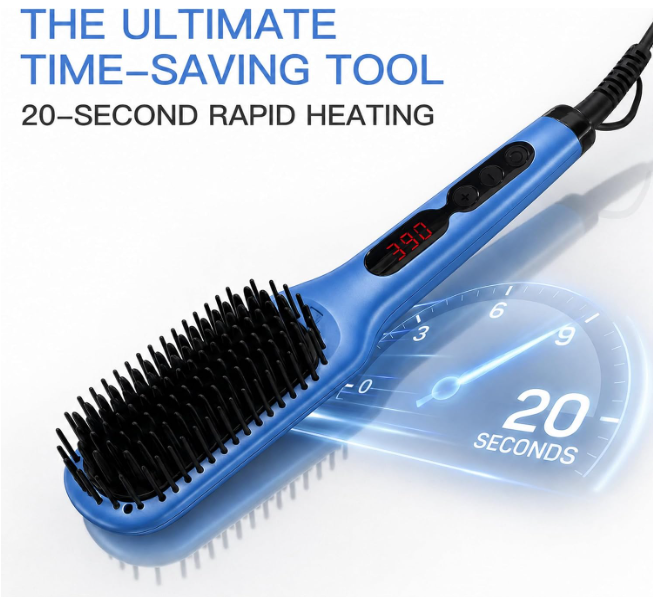 MEGAWISE Hair Straightener Brush, Ionic Ceramic Hair Straightening Brush for Frizzy Thick Hair, Heated Straightening Brush with MCH Fast Heat-Up, Anti-Scald, Auto Shut-Off, Dual Voltage, Gentian Blue