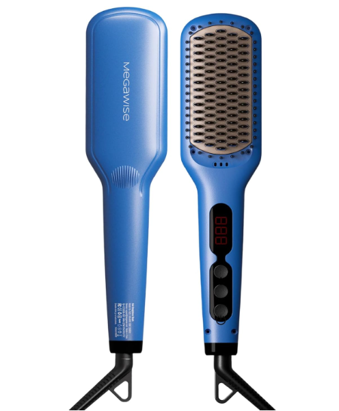 MEGAWISE Hair Straightener Brush, Ionic Ceramic Hair Straightening Brush for Frizzy Thick Hair, Heated Straightening Brush with MCH Fast Heat-Up, Anti-Scald, Auto Shut-Off, Dual Voltage, Gentian Blue
