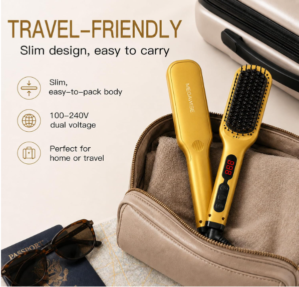 MEGAWISE Hair Straightener Brush, Ceramic Heated Brush for Home Styling