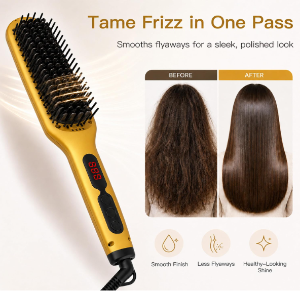 MEGAWISE Hair Straightener Brush, Ceramic Heated Brush for Home Styling