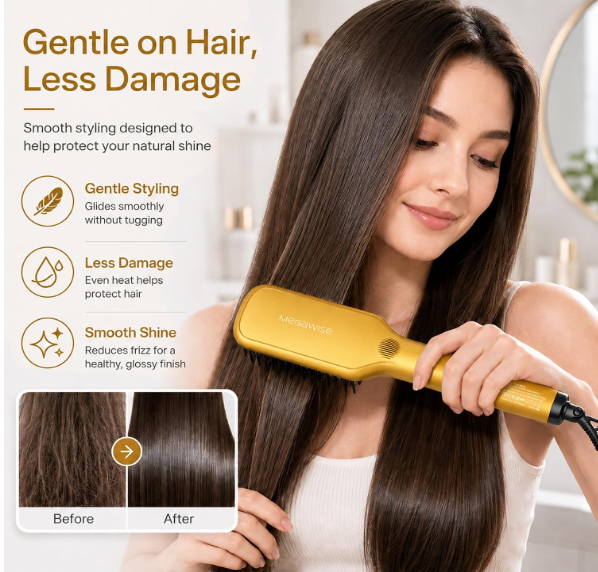 MEGAWISE Hair Straightener Brush, Ceramic Heated Brush for Home Styling