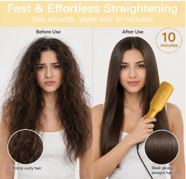 MEGAWISE Hair Straightener Brush, Ceramic Heated Brush for Home Styling