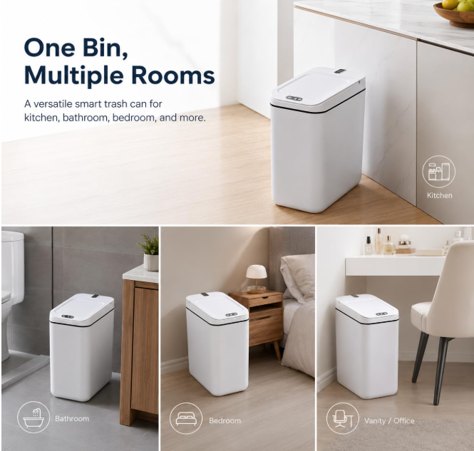 MEGAWISE Smart Garbage Can with Lid | Single-Battery Version | Rechargeable Battery Trash can| Fits Any Kitchen, Bathroom, Office or Home,Off-White