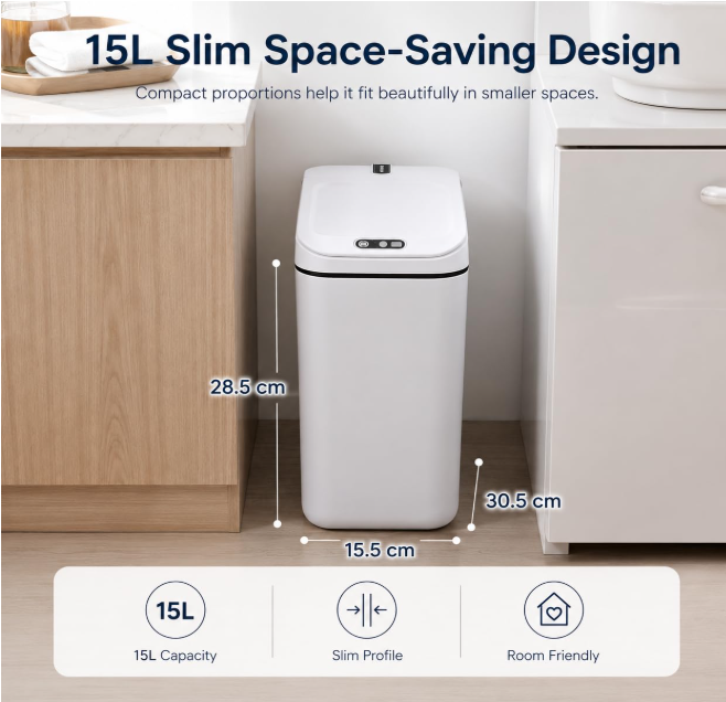 MEGAWISE Smart Garbage Can with Lid | Single-Battery Version | Rechargeable Battery Trash can| Fits Any Kitchen, Bathroom, Office or Home,Off-White