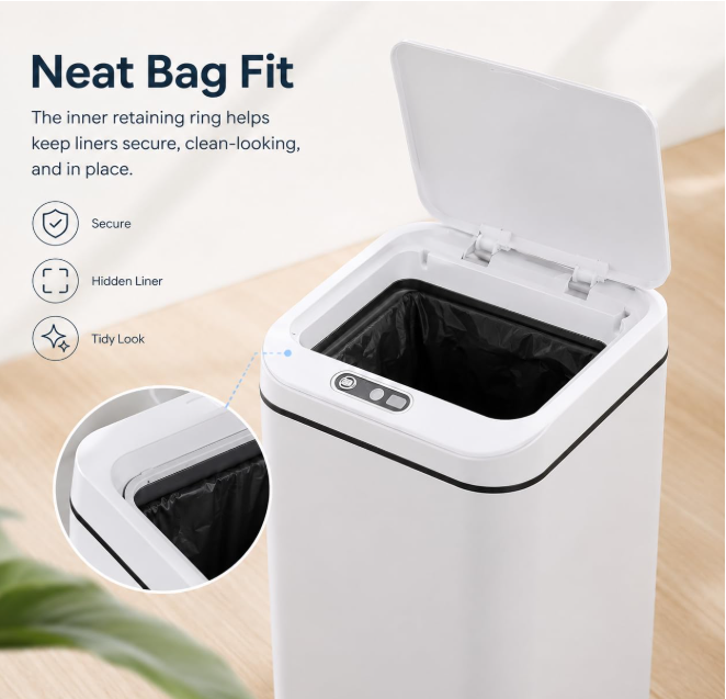 MEGAWISE Smart Garbage Can with Lid | Single-Battery Version | Rechargeable Battery Trash can| Fits Any Kitchen, Bathroom, Office or Home,Off-White