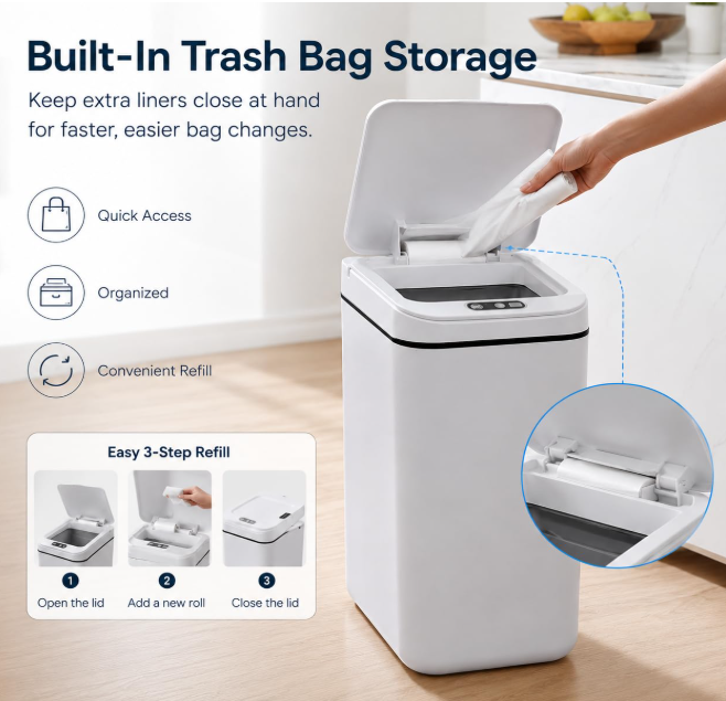 MEGAWISE Smart Garbage Can with Lid | Single-Battery Version | Rechargeable Battery Trash can| Fits Any Kitchen, Bathroom, Office or Home,Off-White