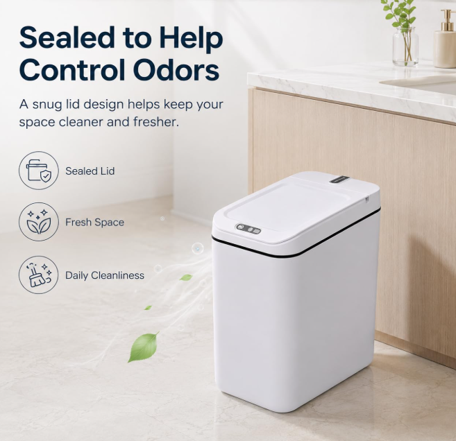 MEGAWISE Smart Garbage Can with Lid | Single-Battery Version | Rechargeable Battery Trash can| Fits Any Kitchen, Bathroom, Office or Home,Off-White