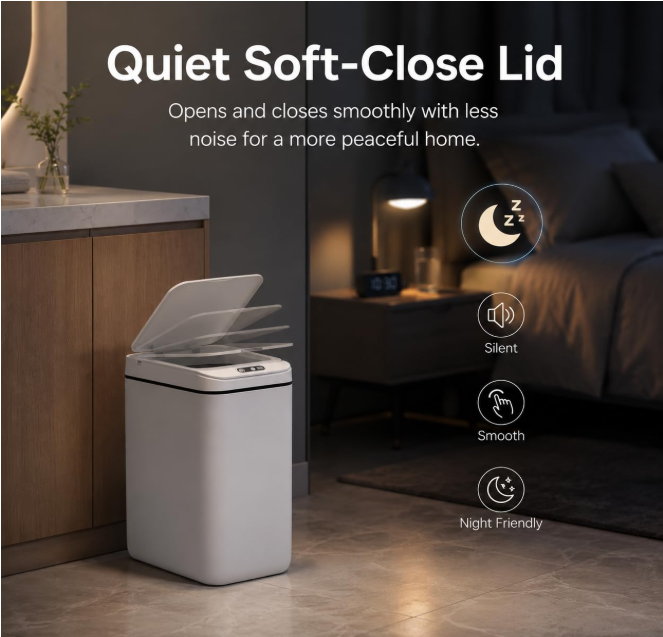 MEGAWISE Smart Garbage Can with Lid | Single-Battery Version | Rechargeable Battery Trash can| Fits Any Kitchen, Bathroom, Office or Home,Off-White