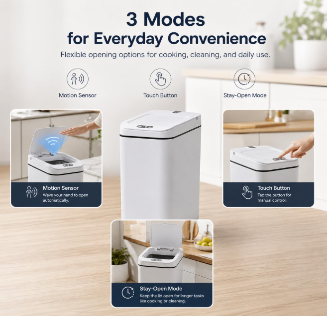 MEGAWISE Smart Garbage Can with Lid | Single-Battery Version | Rechargeable Battery Trash can| Fits Any Kitchen, Bathroom, Office or Home,Off-White