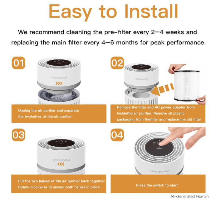 MEGAWISE HEPA Air Purifier for Home & Office, Includes 3 Filters, Quiet Operation, Compact Design for Daily Air Refreshing (White)