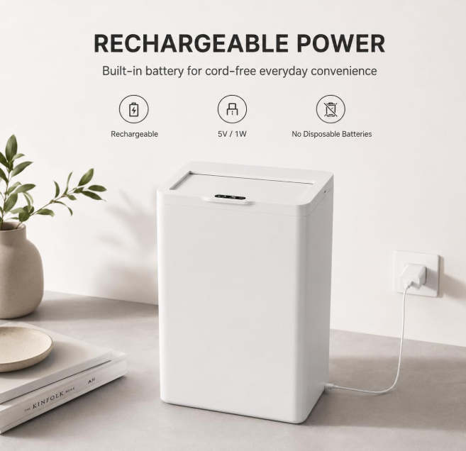 MEGAWISE 17L Black Rechargeable Smart Trash Can, Touchless Garbage Bin with Lid, ABS Wide Wastebasket for Bathroom, Bedroom, Office and Kitchen
