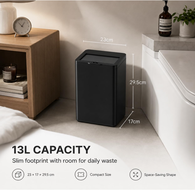 MEGAWISE 17L Black Rechargeable Smart Trash Can, Touchless Garbage Bin with Lid, ABS Wide Wastebasket for Bathroom, Bedroom, Office and Kitchen