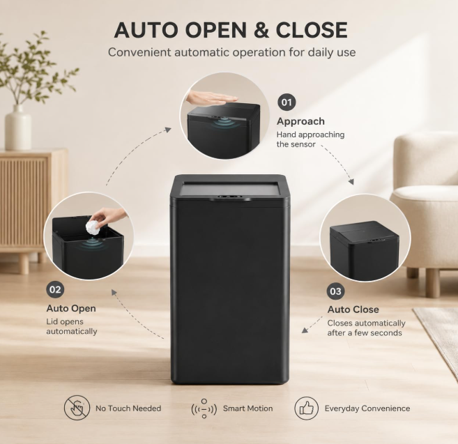 MEGAWISE 17L Black Rechargeable Smart Trash Can, Touchless Garbage Bin with Lid, ABS Wide Wastebasket for Bathroom, Bedroom, Office and Kitchen