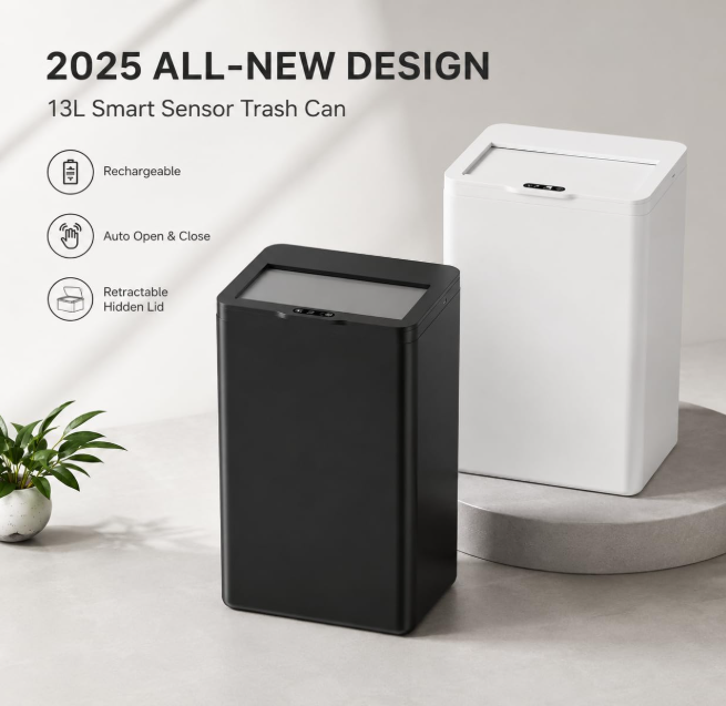 MEGAWISE 17L Black Rechargeable Smart Trash Can, Touchless Garbage Bin with Lid, ABS Wide Wastebasket for Bathroom, Bedroom, Office and Kitchen