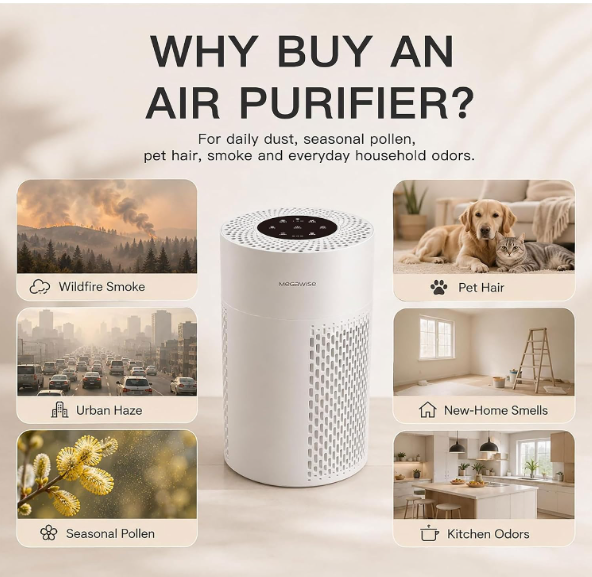MEGAWISE Air Purifier for Home, Smart Hepa Filter Cleaner for Bedroom