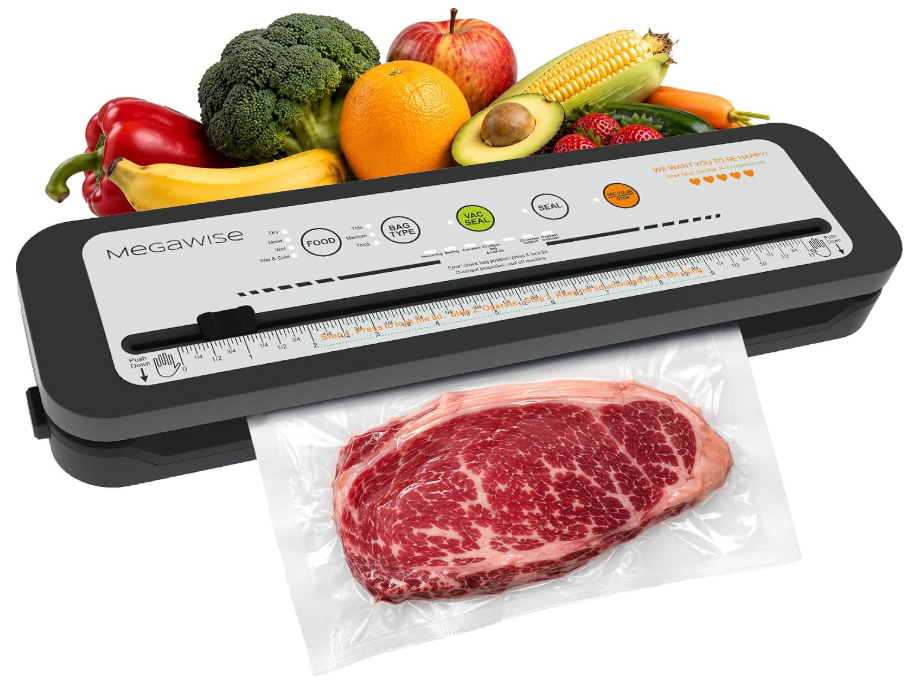 MegaWise Vacuum Sealer Machine, 80kPa Food Sealer with One-Touch Vacuum & Seal, Built-in Cutter and Bags, 4 Food Modes for Food Storage, Meal Prep, Meat, Seafood and Vegetables