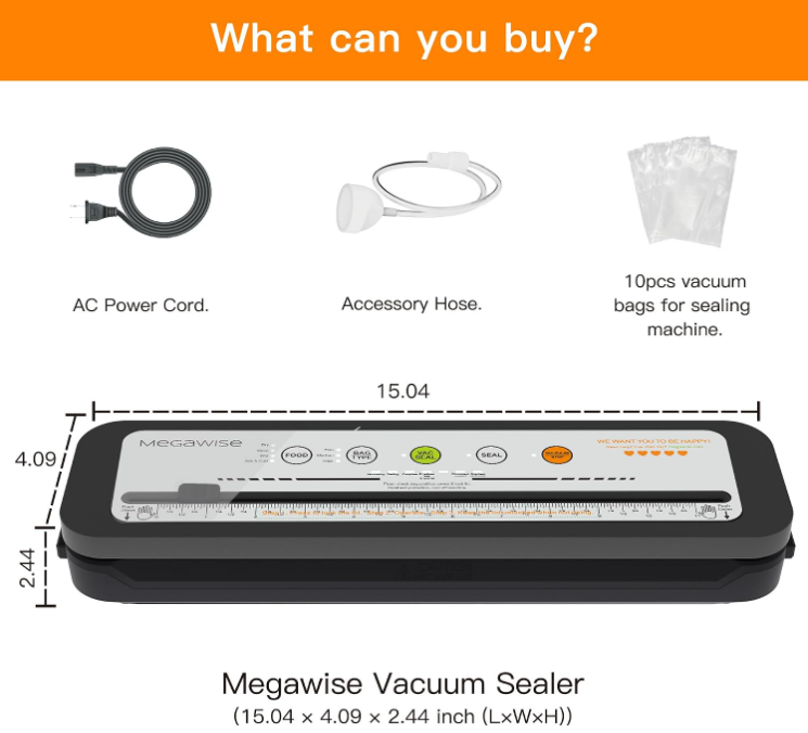 MegaWise Vacuum Sealer Machine, 80kPa Food Sealer with One-Touch Vacuum & Seal, Built-in Cutter and Bags, 4 Food Modes for Food Storage, Meal Prep, Meat, Seafood and Vegetables