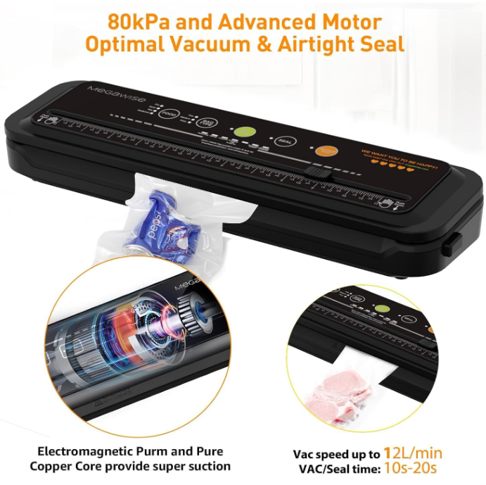 MEGAWISE 80kPa Food Vacuum Sealer with Built-In Cutter
